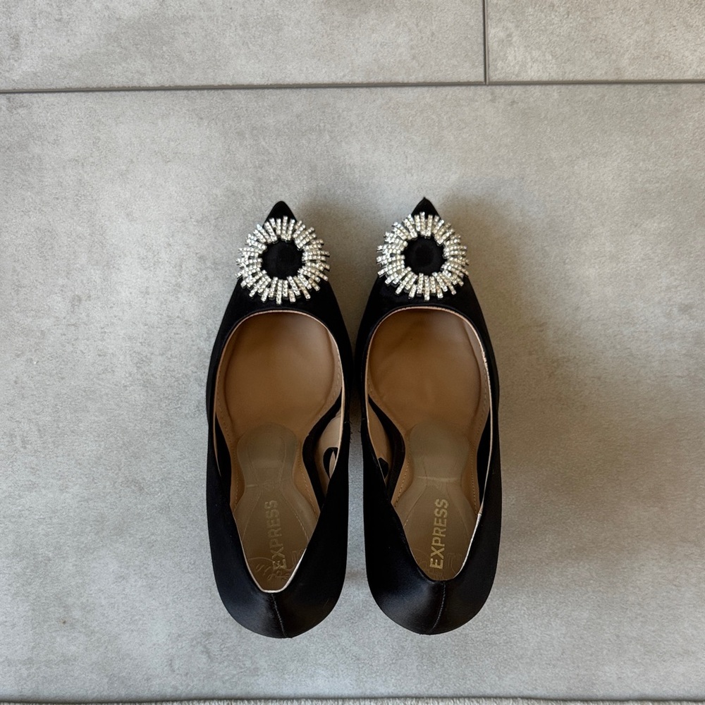 Express Black Pointed Toe Heels with Crystal Brooch